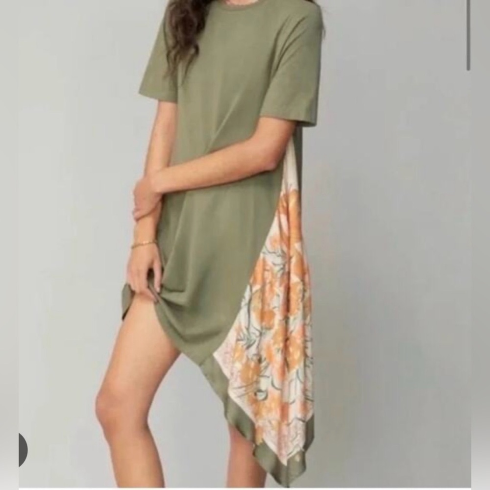 Anthropologie Olive Green Asymmetrical Dress with Peach Floral Panel